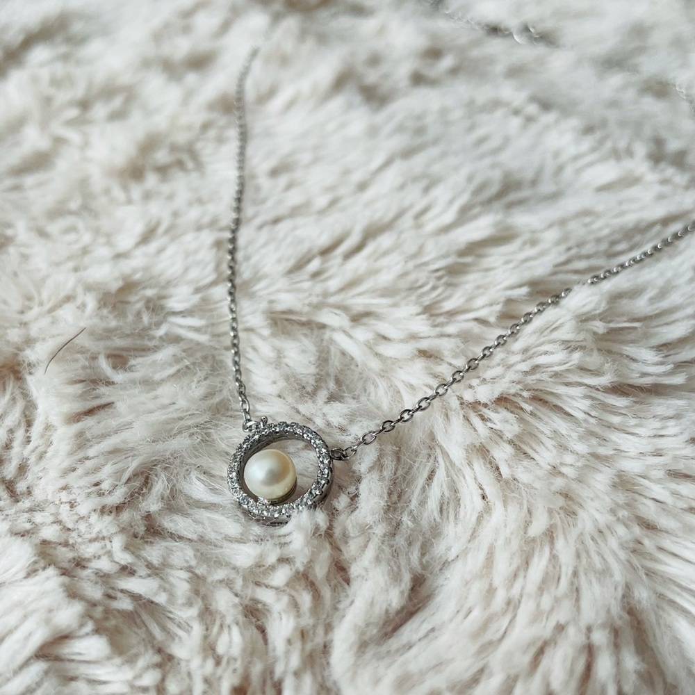 Synthetic Pearl & CZ Sterling Silver Necklace